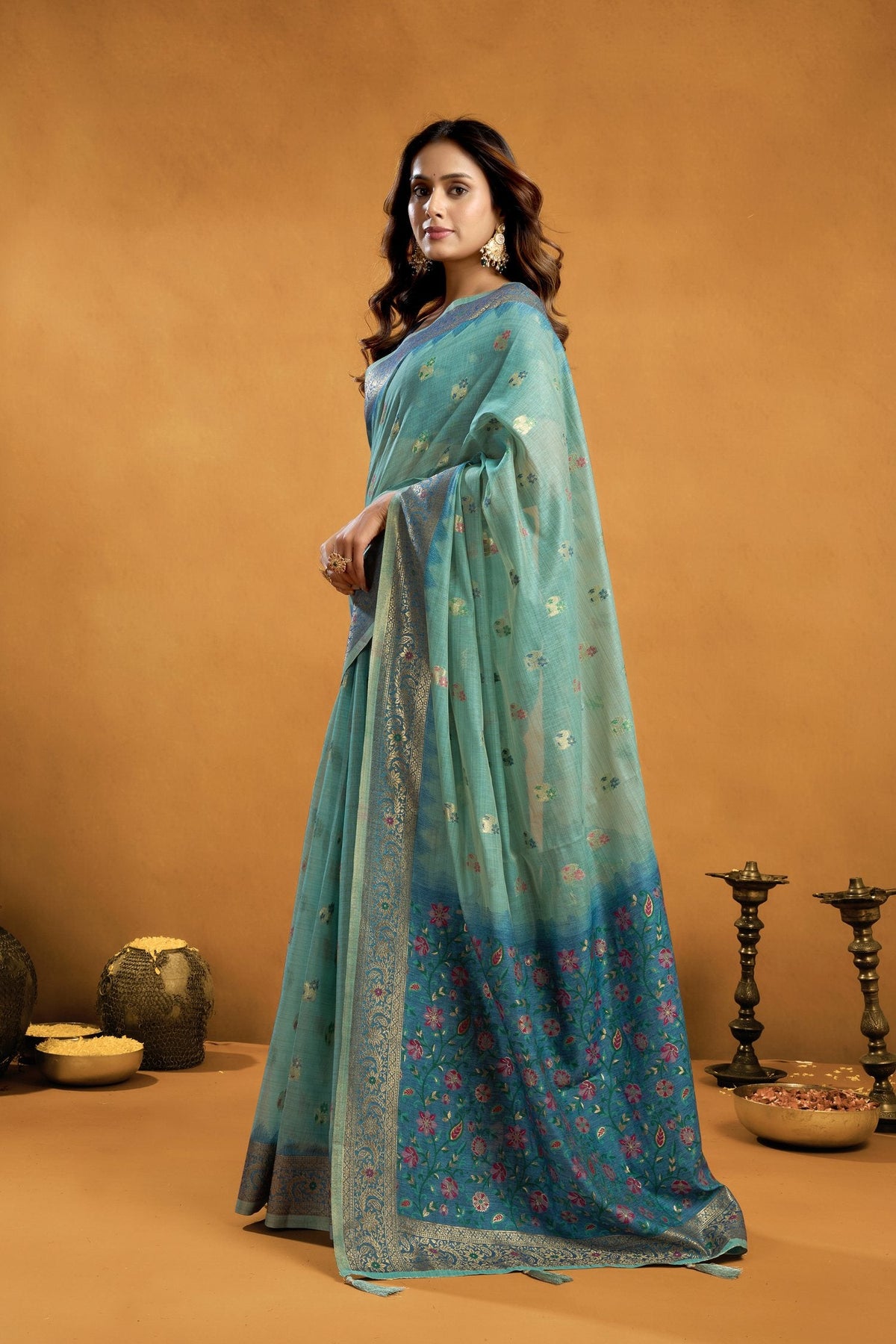 Turquoise Premium Spun Cotton Zari Woven Saree with Blouse