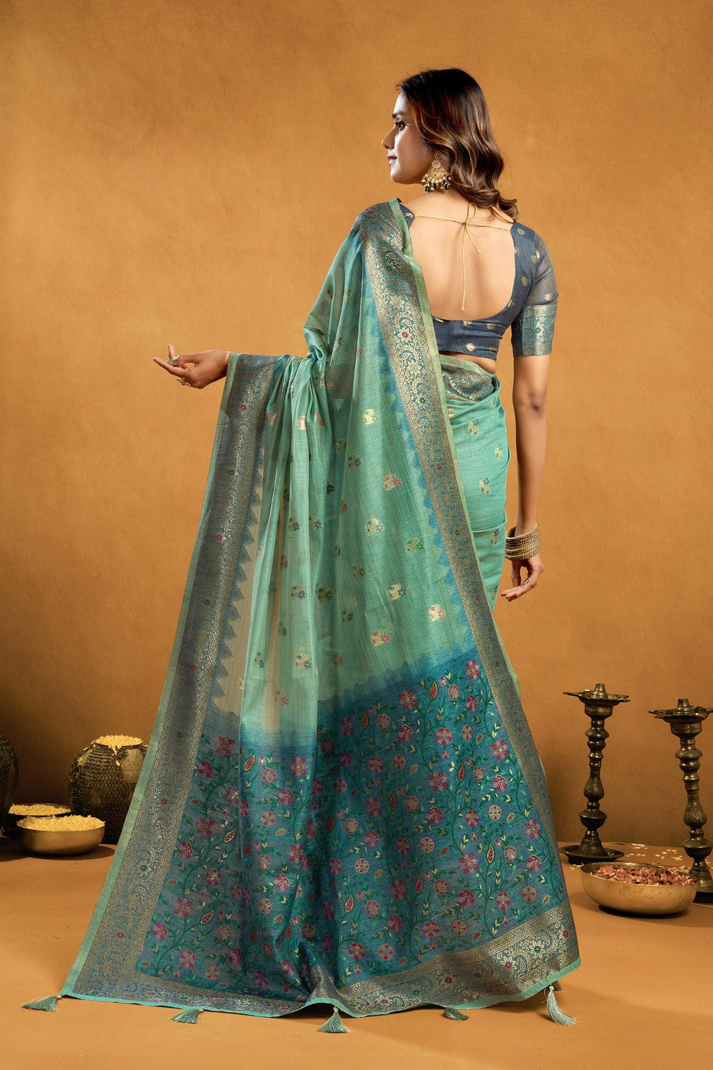 Turquoise Premium Spun Cotton Zari Woven Saree with Blouse