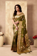 Elegant mehendi silk saree with intricate gold zari woven details and matching blouse