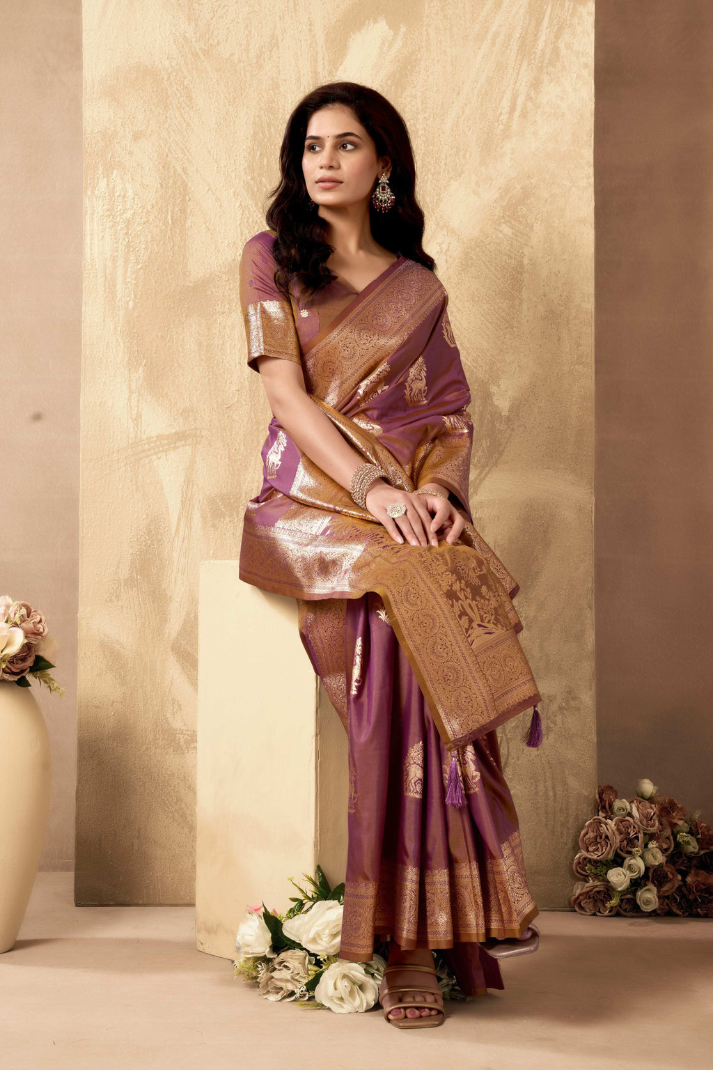 Wine Silk Zari Woven Saree with Coordinating Blouse
