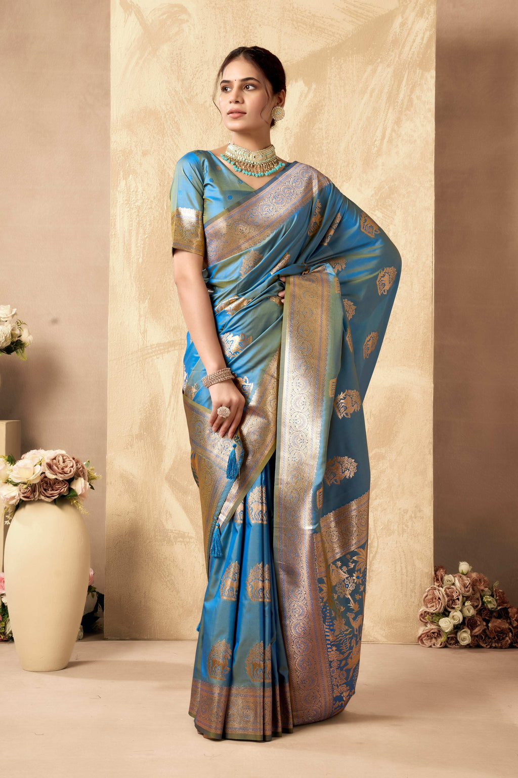 Sky Blue Silk Saree with Zari Weave and Unstitched Blouse