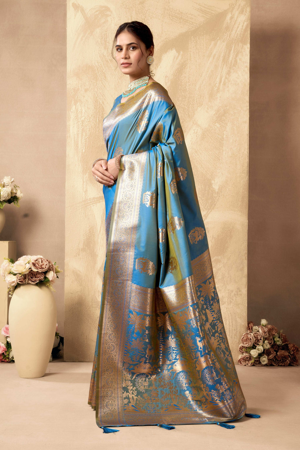 Sky Blue Silk Saree with Zari Weave and Unstitched Blouse