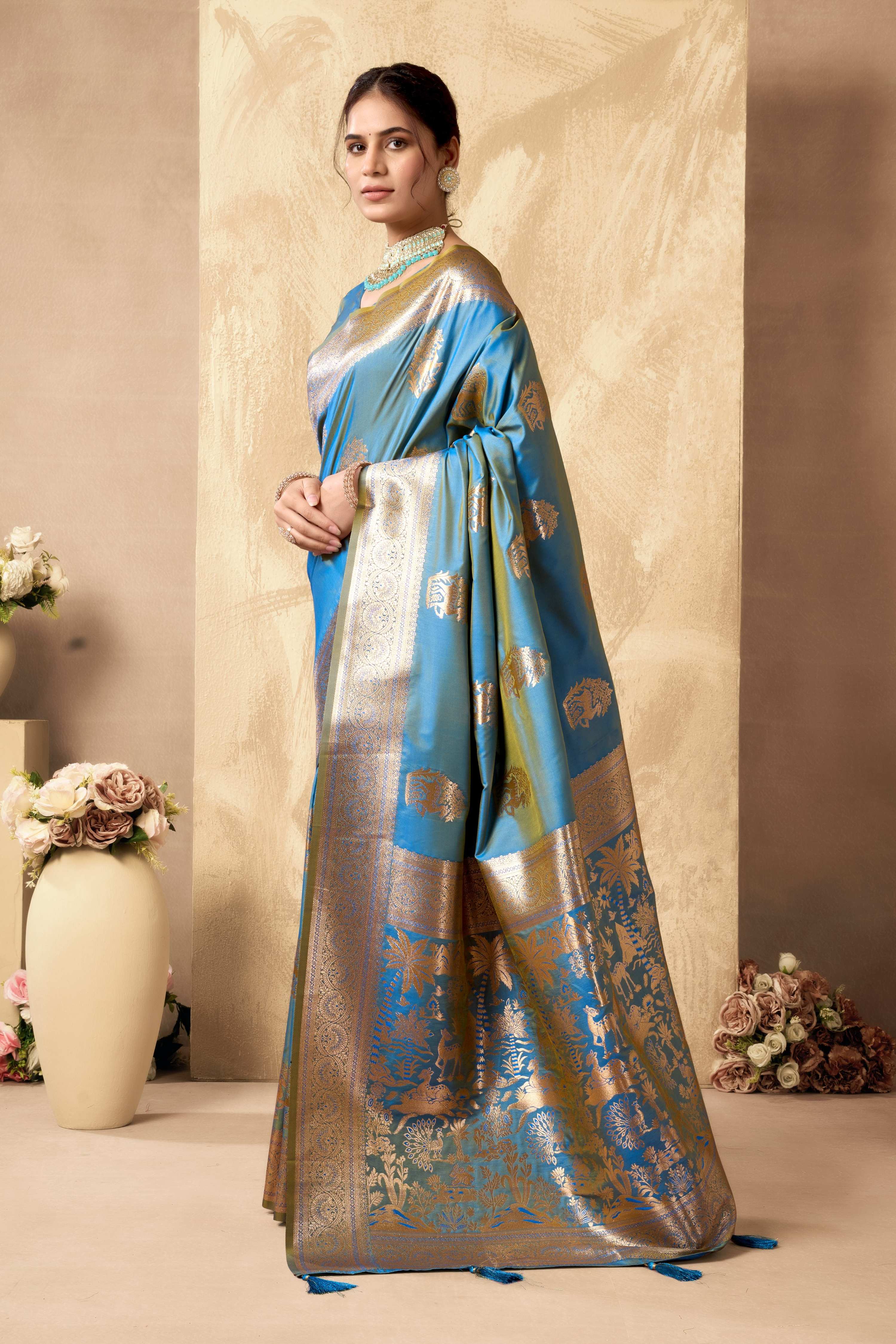 Sky Blue Silk Saree with Zari Weave and Unstitched Blouse