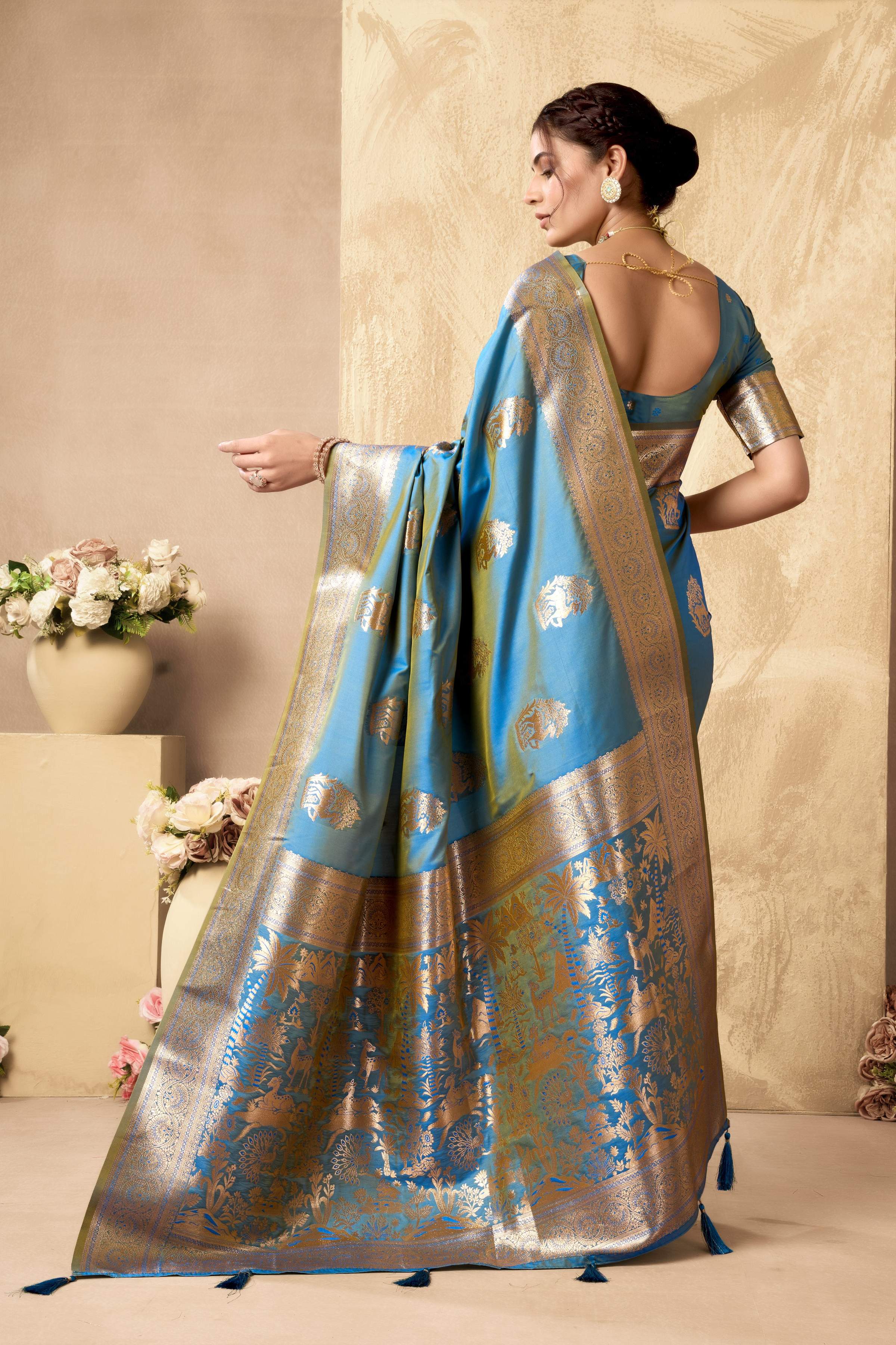 Sky Blue Silk Saree with Zari Weave and Unstitched Blouse