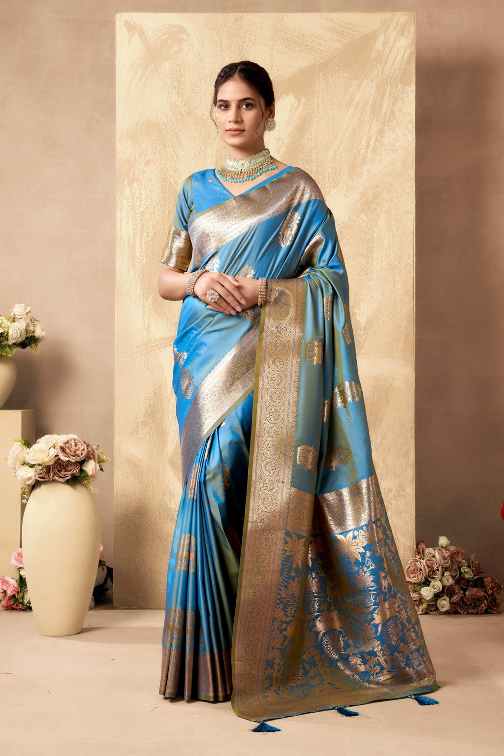 Sky Blue Silk Saree with Zari Woven border and matching unstitched blouse piece