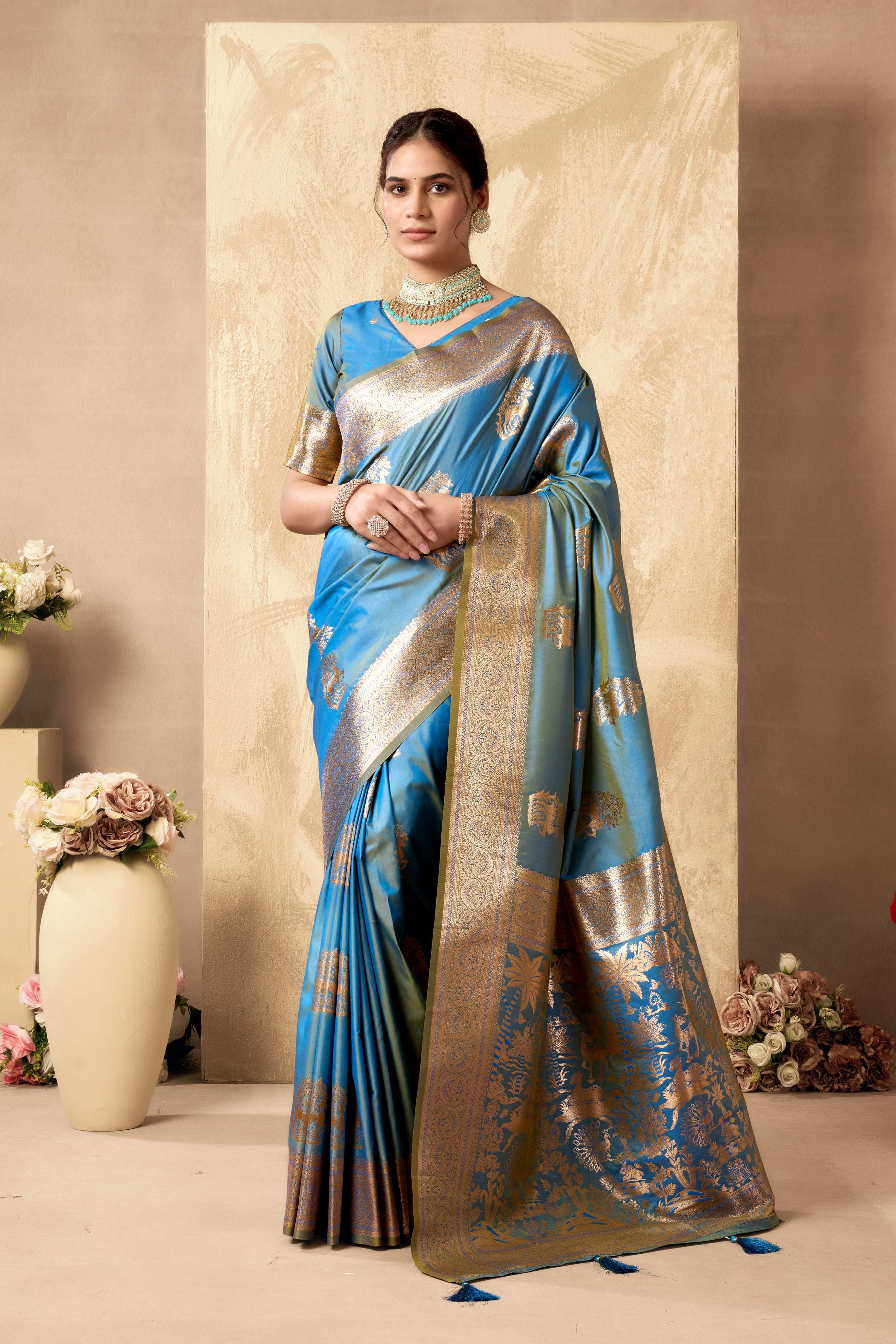 Sky Blue Silk Saree with Zari Woven border and matching unstitched blouse piece