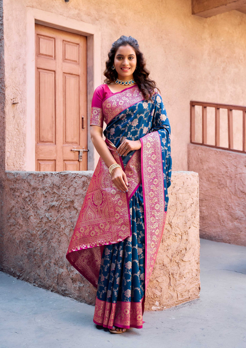 Navy Blue Silk Zari Woven Saree with Matching Blouse