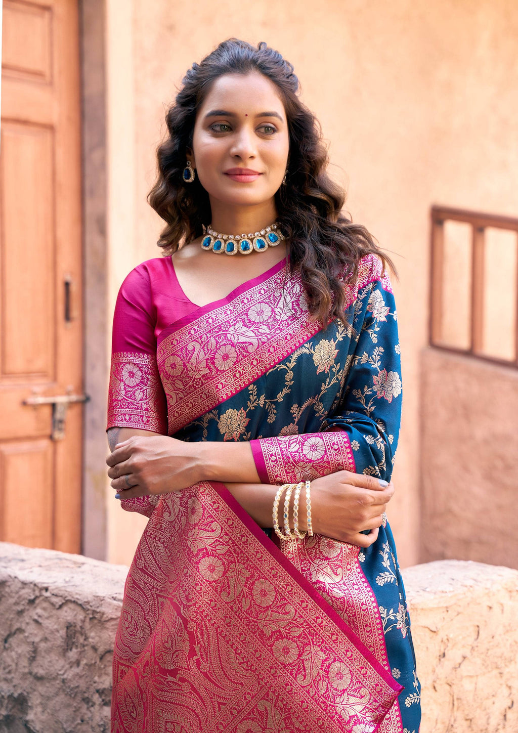 Navy Blue Silk Zari Woven Saree with Matching Blouse