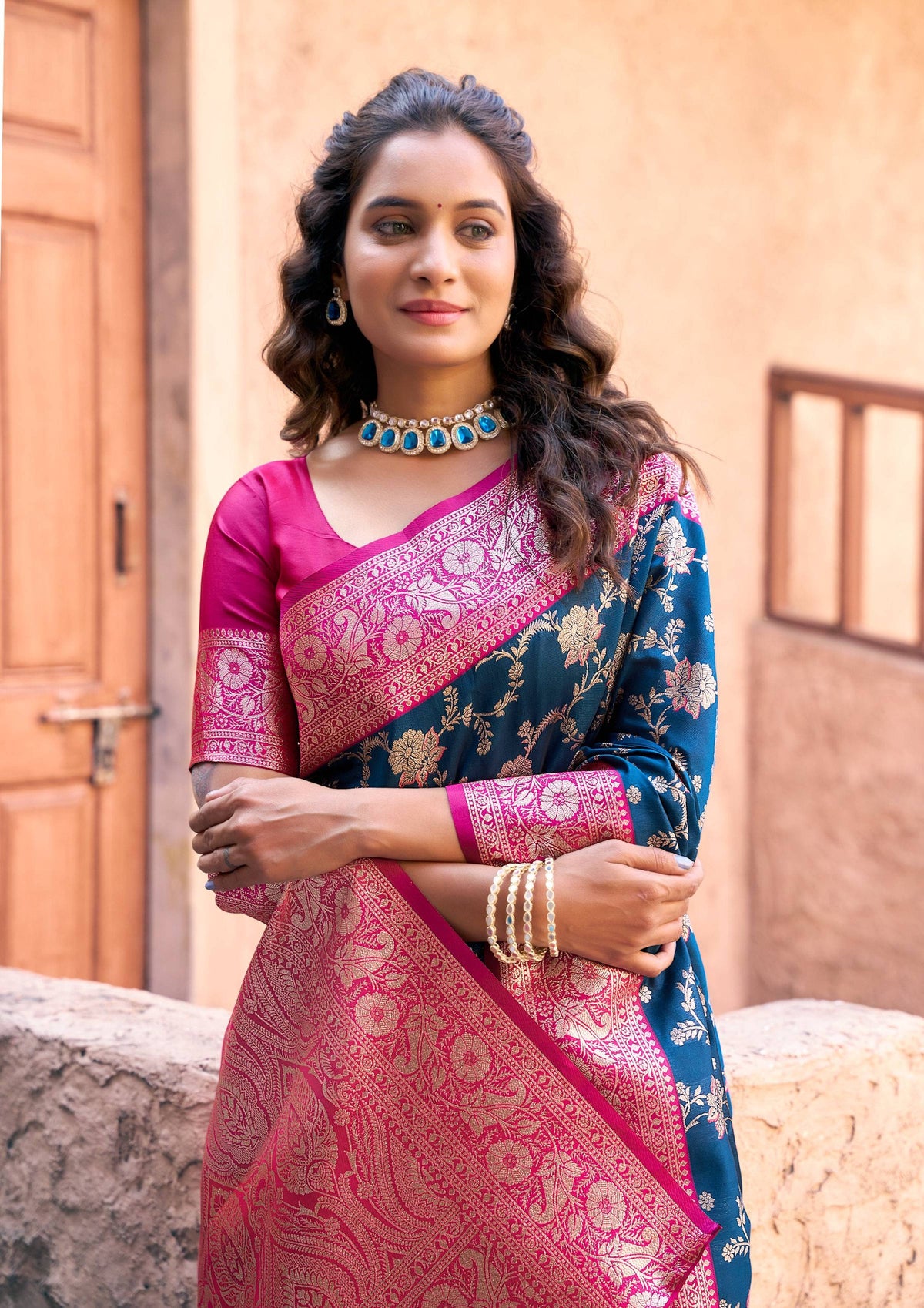 Navy Blue Silk Zari Woven Saree with Matching Blouse