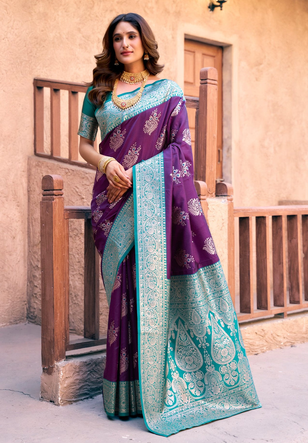 Elegant purple silk saree with zari weaving and jhalar details