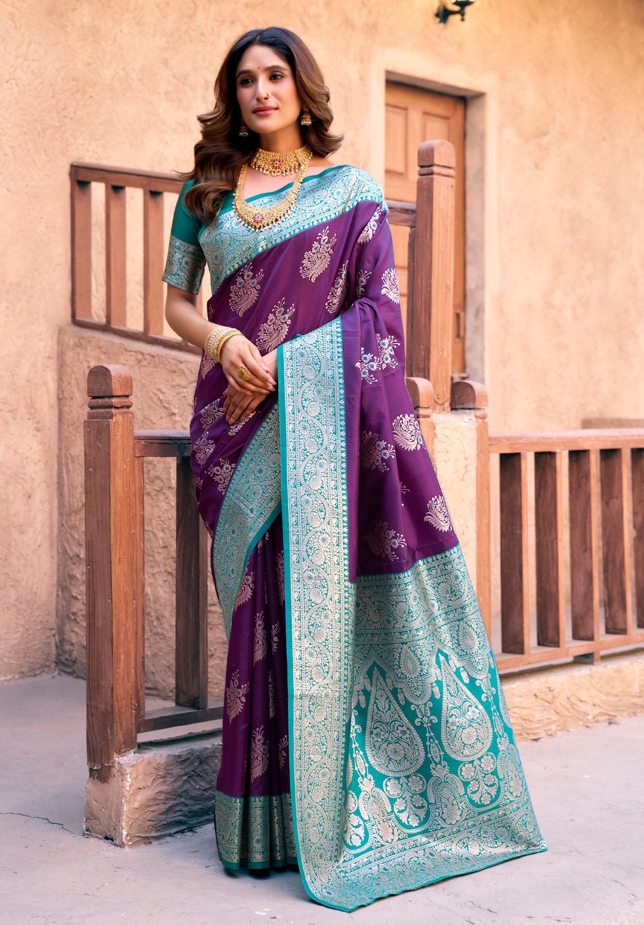 Elegant purple silk saree with zari weaving and jhalar details