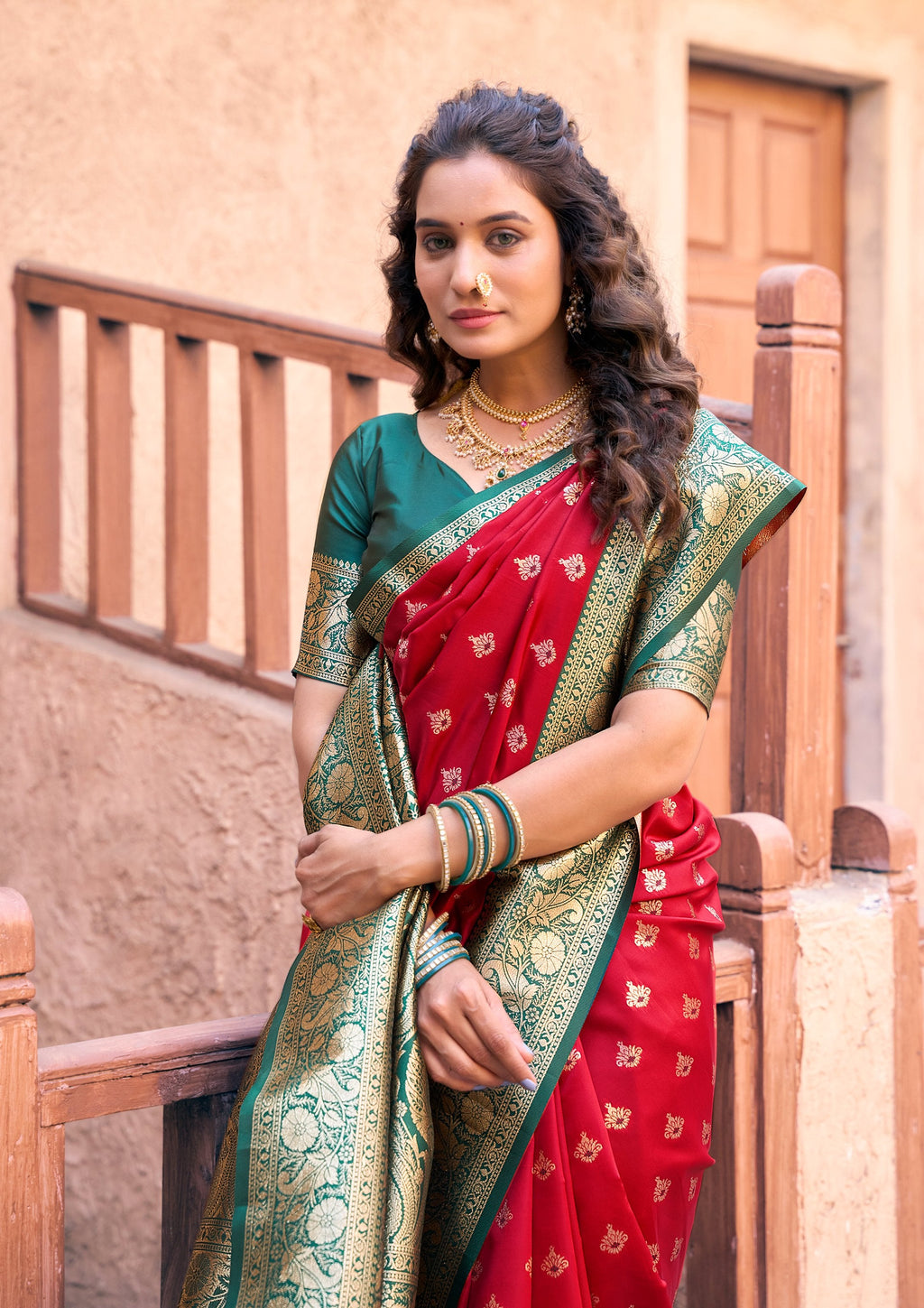 Red Silk Saree with Zari Woven Detail and Unstitched Blouse