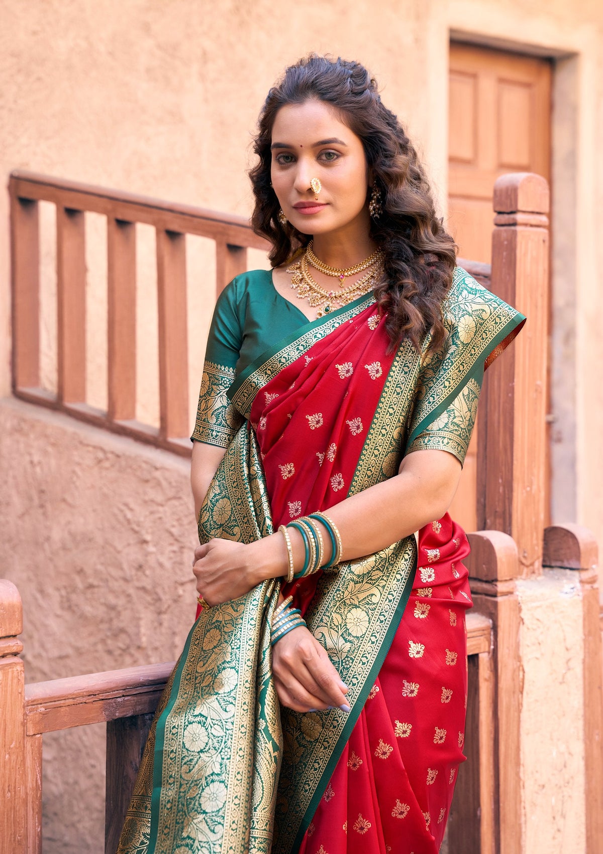 Red Silk Saree with Zari Woven Detail and Unstitched Blouse