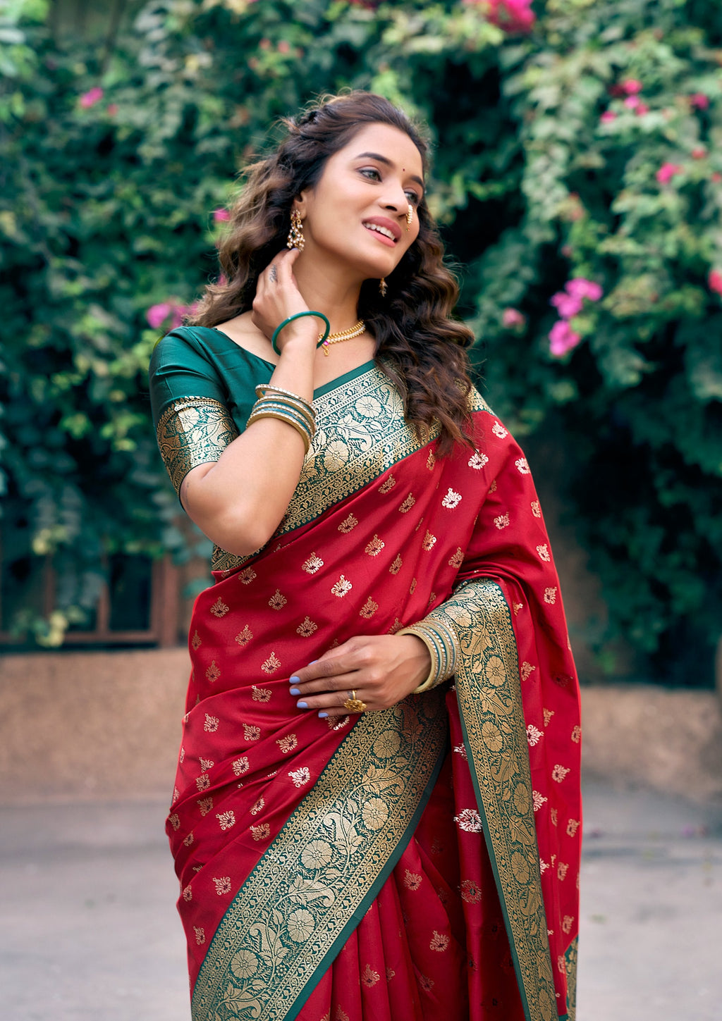 Red Silk Saree with Zari Woven Detail and Unstitched Blouse