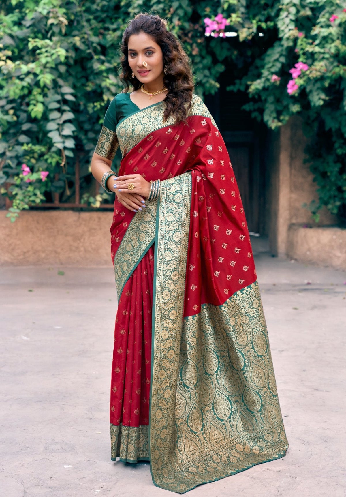 Jyoti Fashion Red Silk Saree with Zari weaving and Jhalar detail