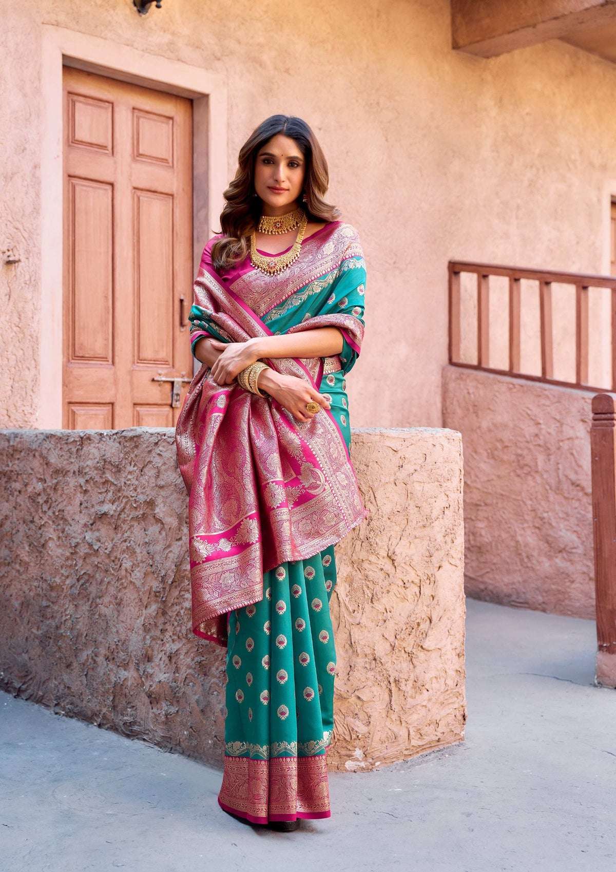 Turquoise Silk Zari Woven Saree with Matching Blouse