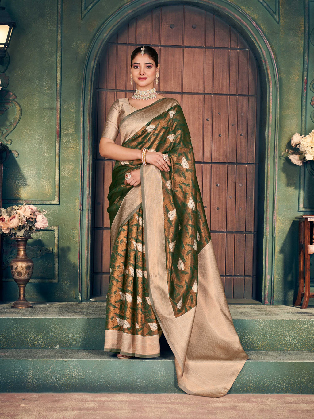 Mehendi silk saree with gold zari weaving and jhalar borders with matching blouse