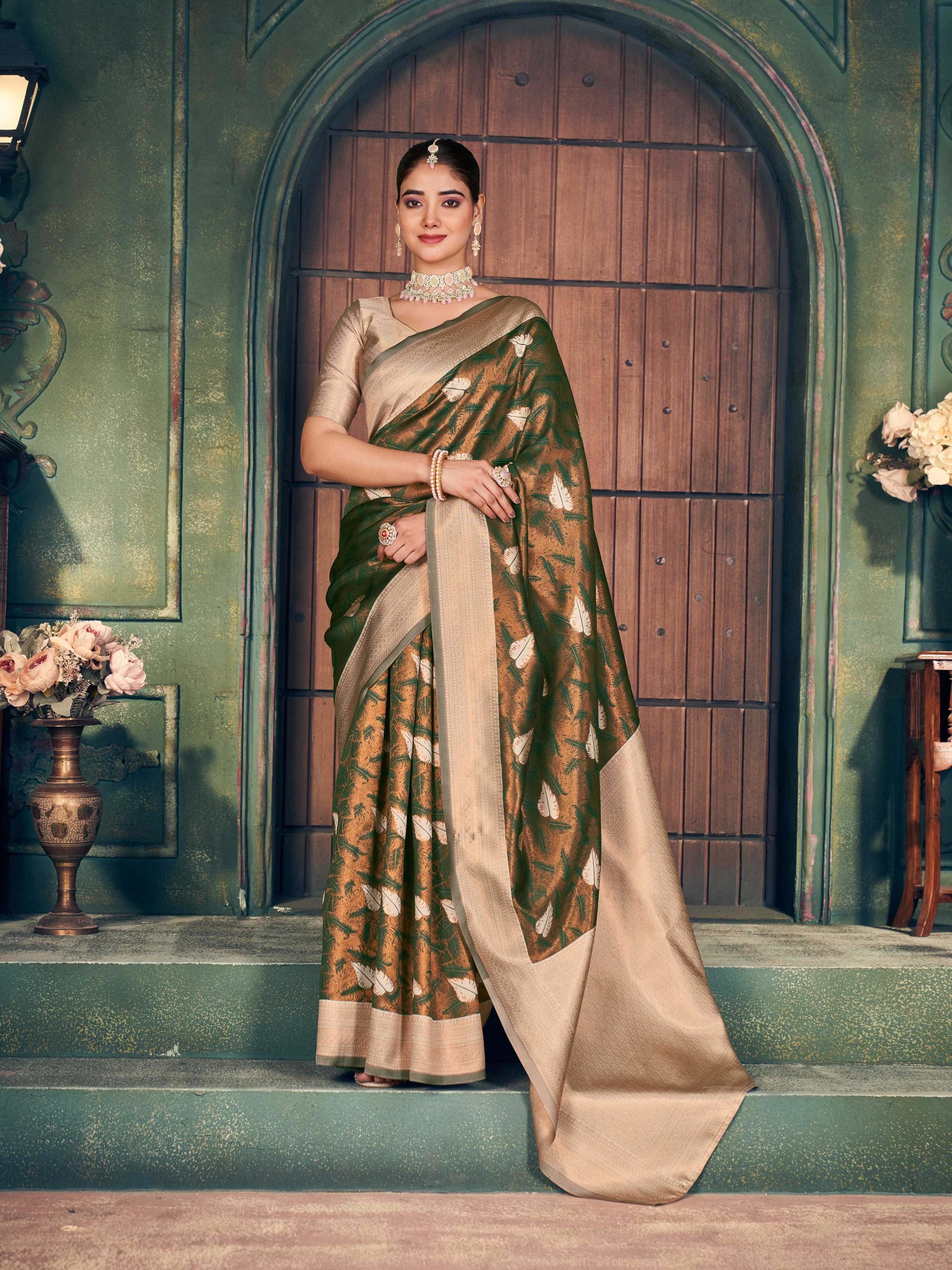 Mehendi silk saree with gold zari weaving and jhalar borders with matching blouse