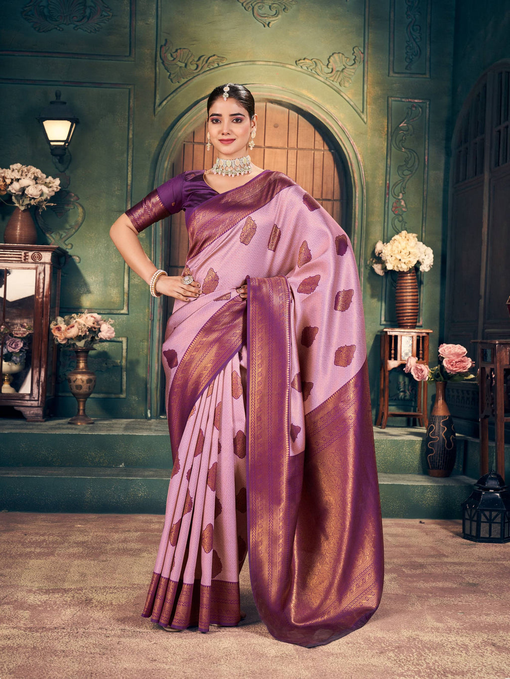 Light Purple silk saree with Zari woven border and matching blouse