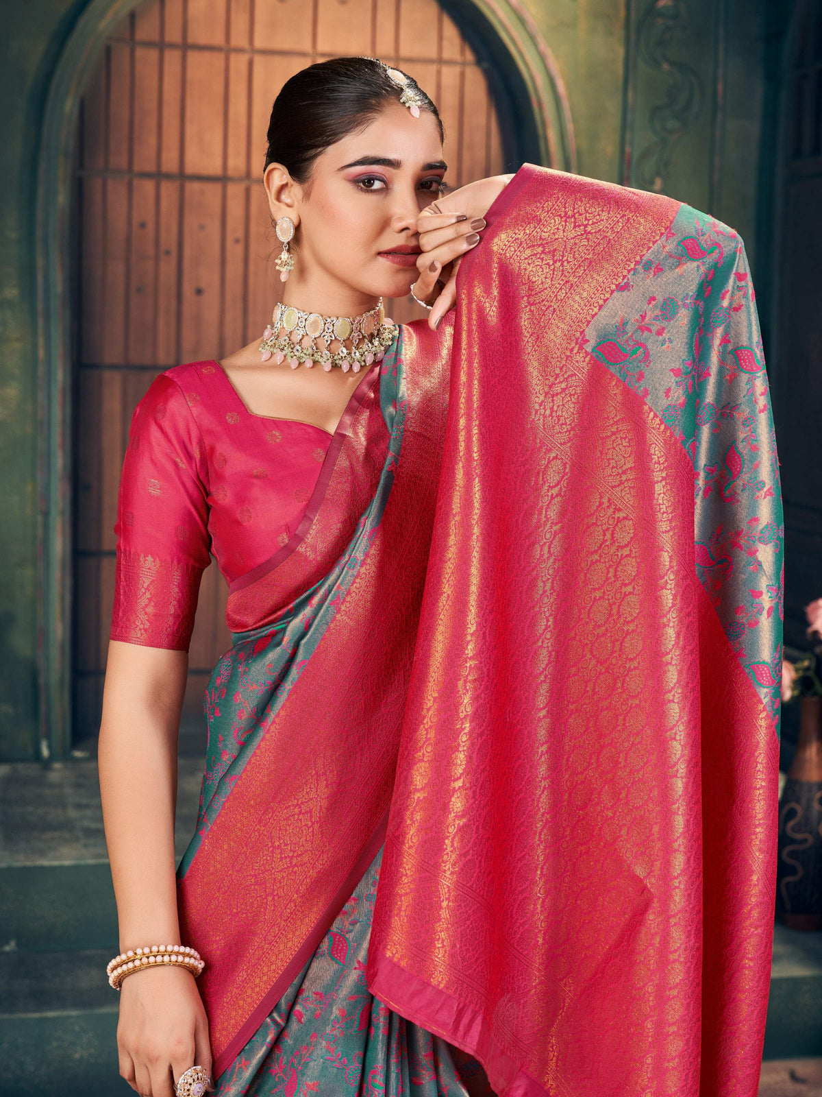 Grey Silk Zari Woven Saree with Traditional Jhalar Detail