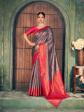 Grey silk saree with Zari woven patterns and traditional jhalar border, featuring a matching blouse piece.