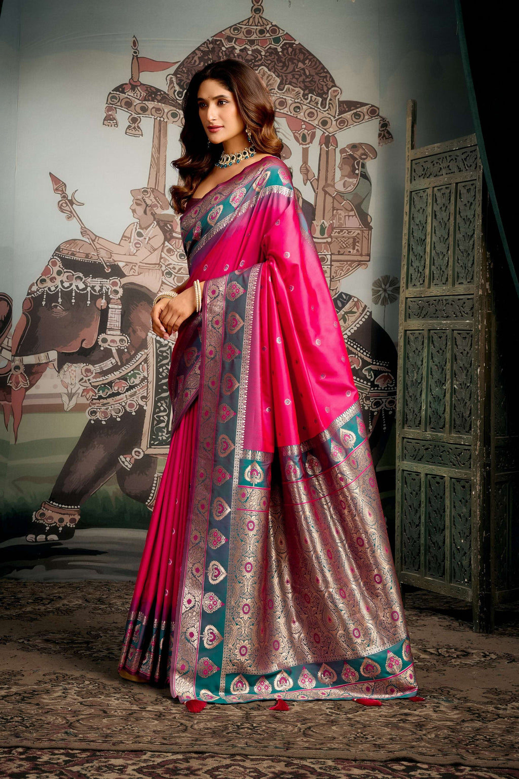 Pink Soft Silk Saree with Zari Woven Pattern and Blouse Piece