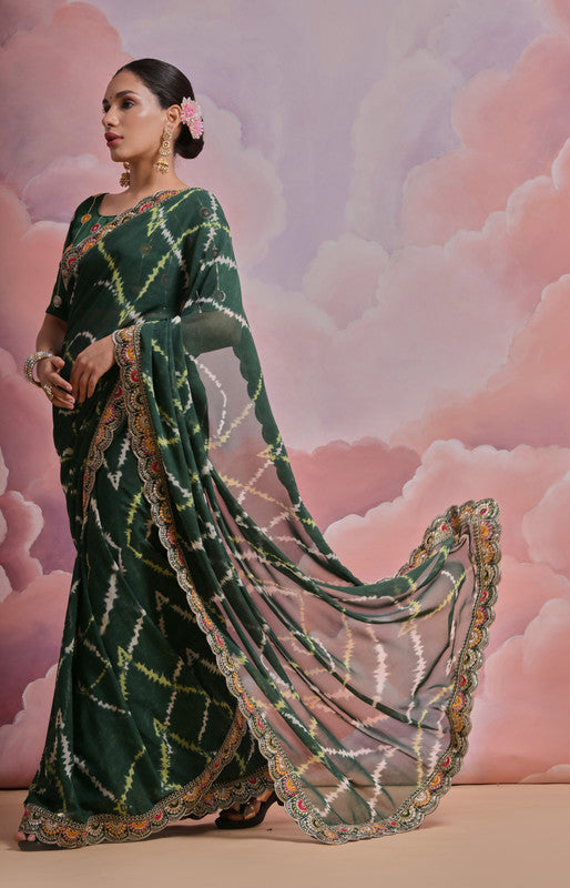 Bottle Green Georgette Saree with Coding Sequence Work and Blouse