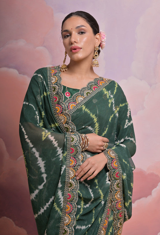 Bottle Green Georgette Saree with Coding Sequence Work and Blouse