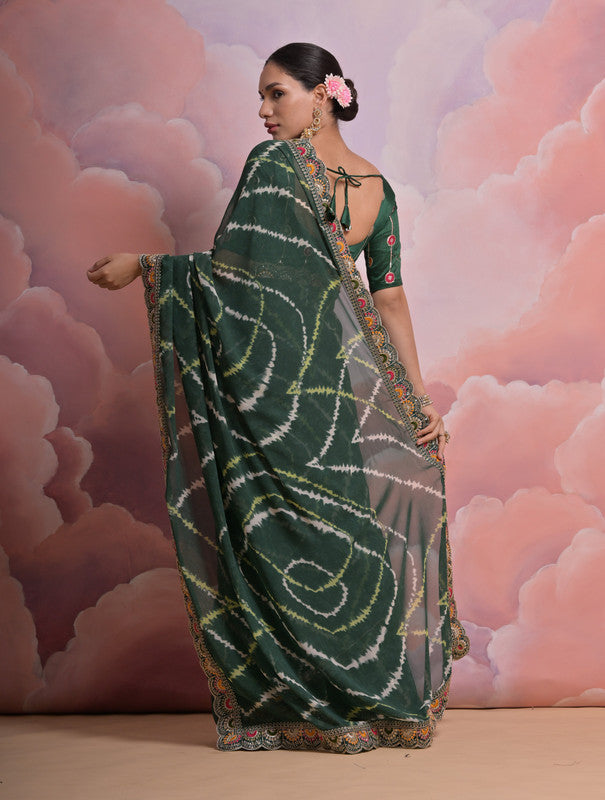 Bottle Green Georgette Saree with Coding Sequence Work and Blouse