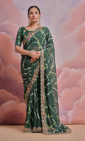 Bottle green georgette saree with coding sequence embroidery and matching blouse.