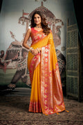 Yellow soft silk saree with zari work and jhalar border