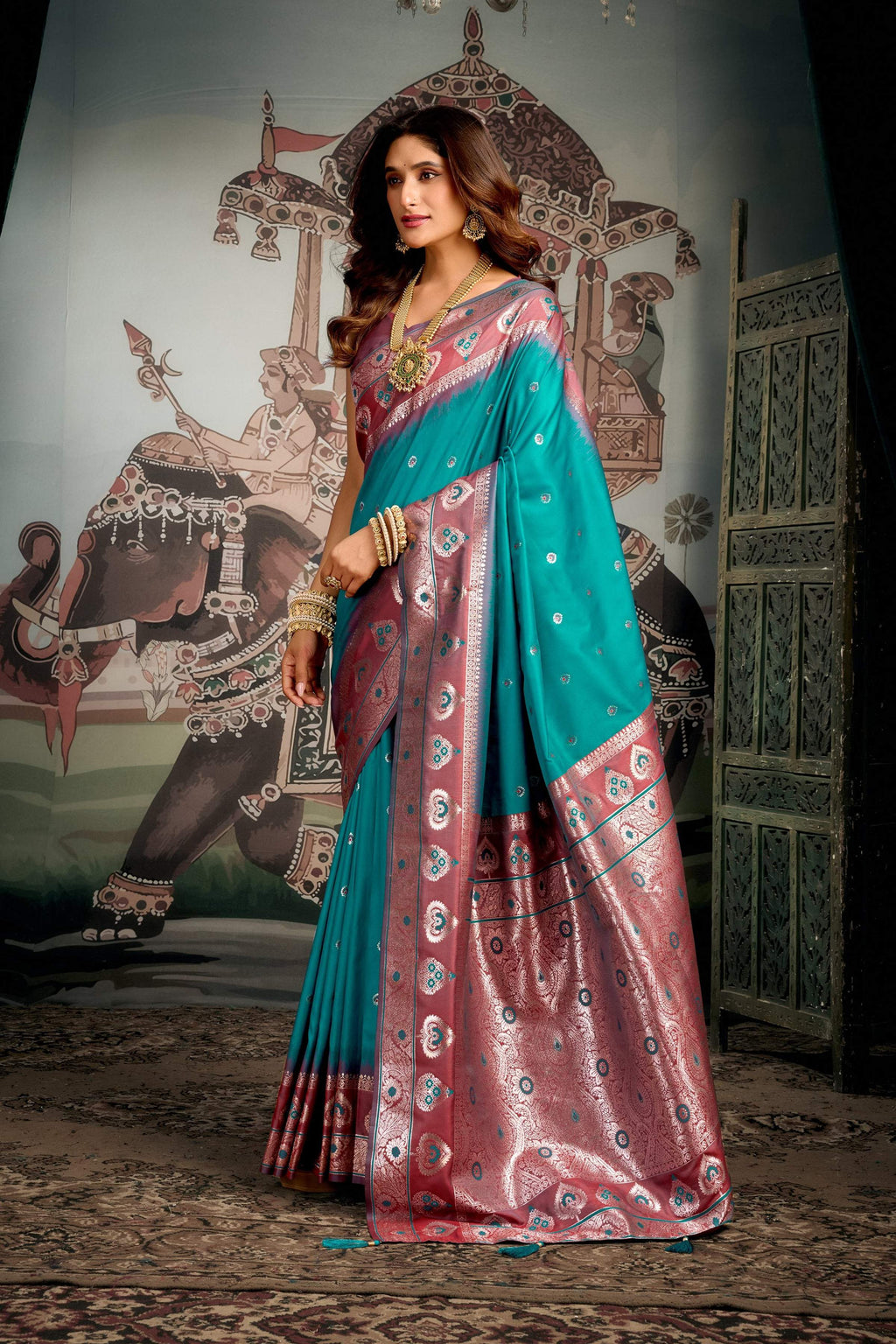 Turquoise Soft Silk Zari Woven Saree with Matching Blouse