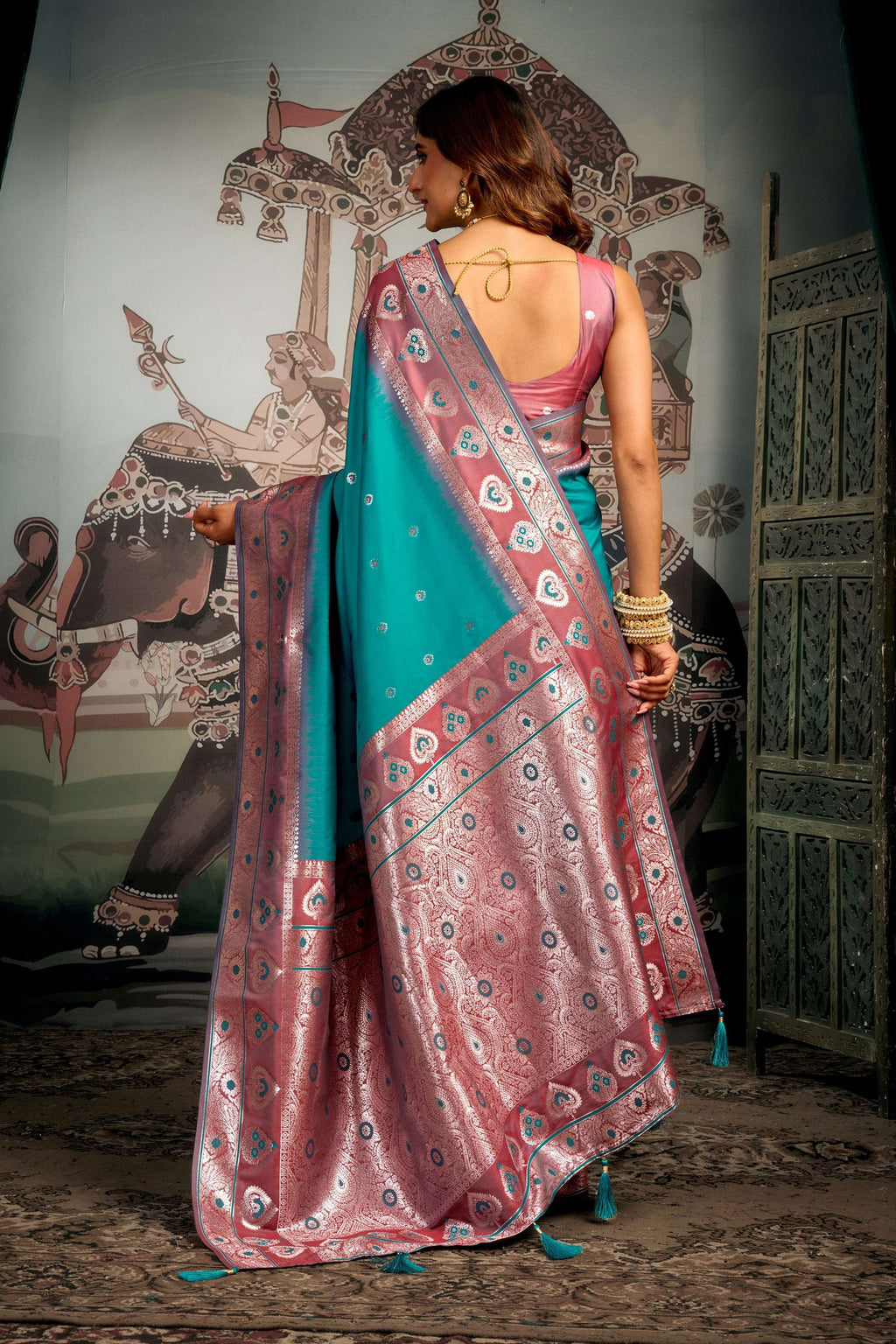 Turquoise Soft Silk Zari Woven Saree with Matching Blouse
