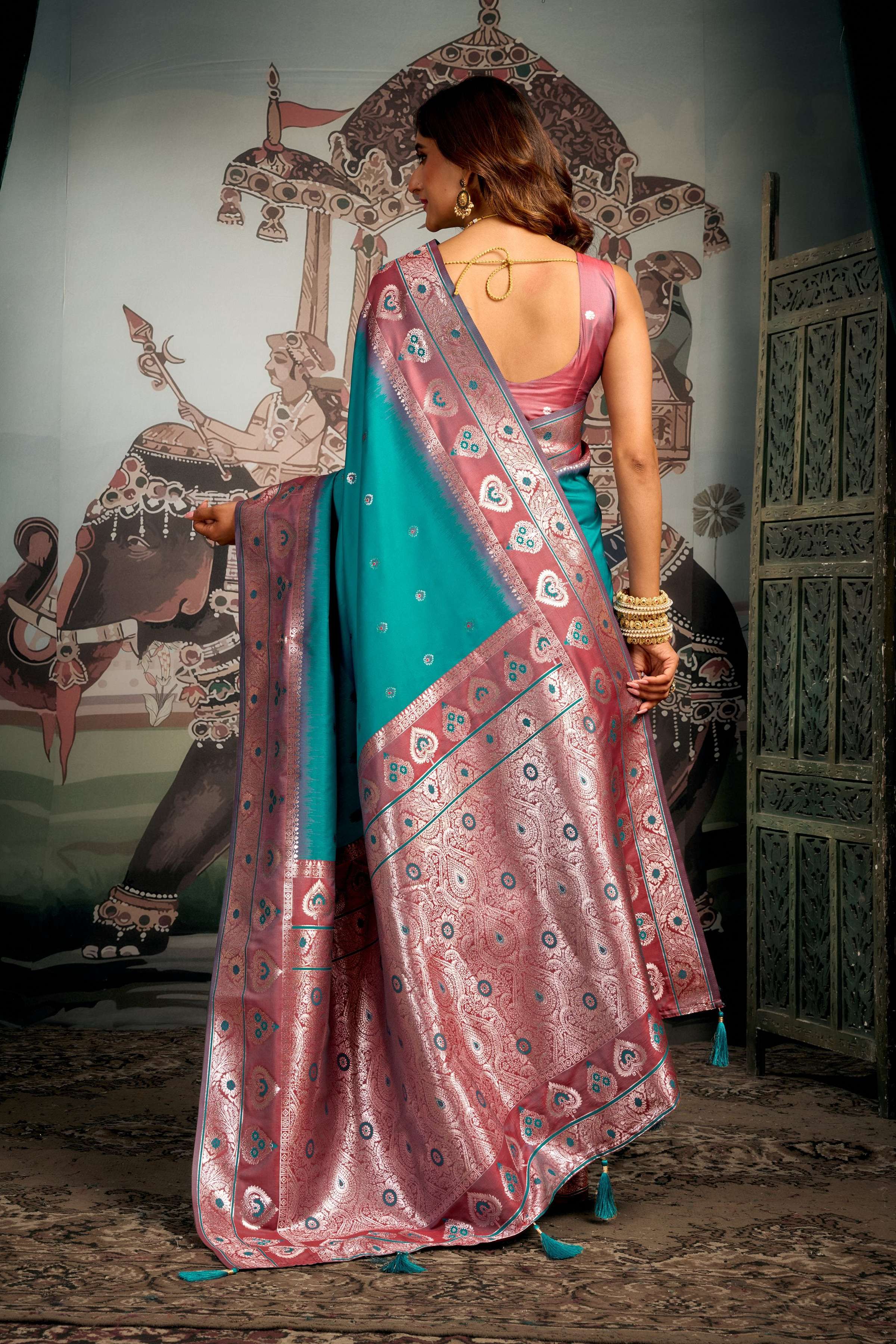 Turquoise Soft Silk Zari Woven Saree with Matching Blouse