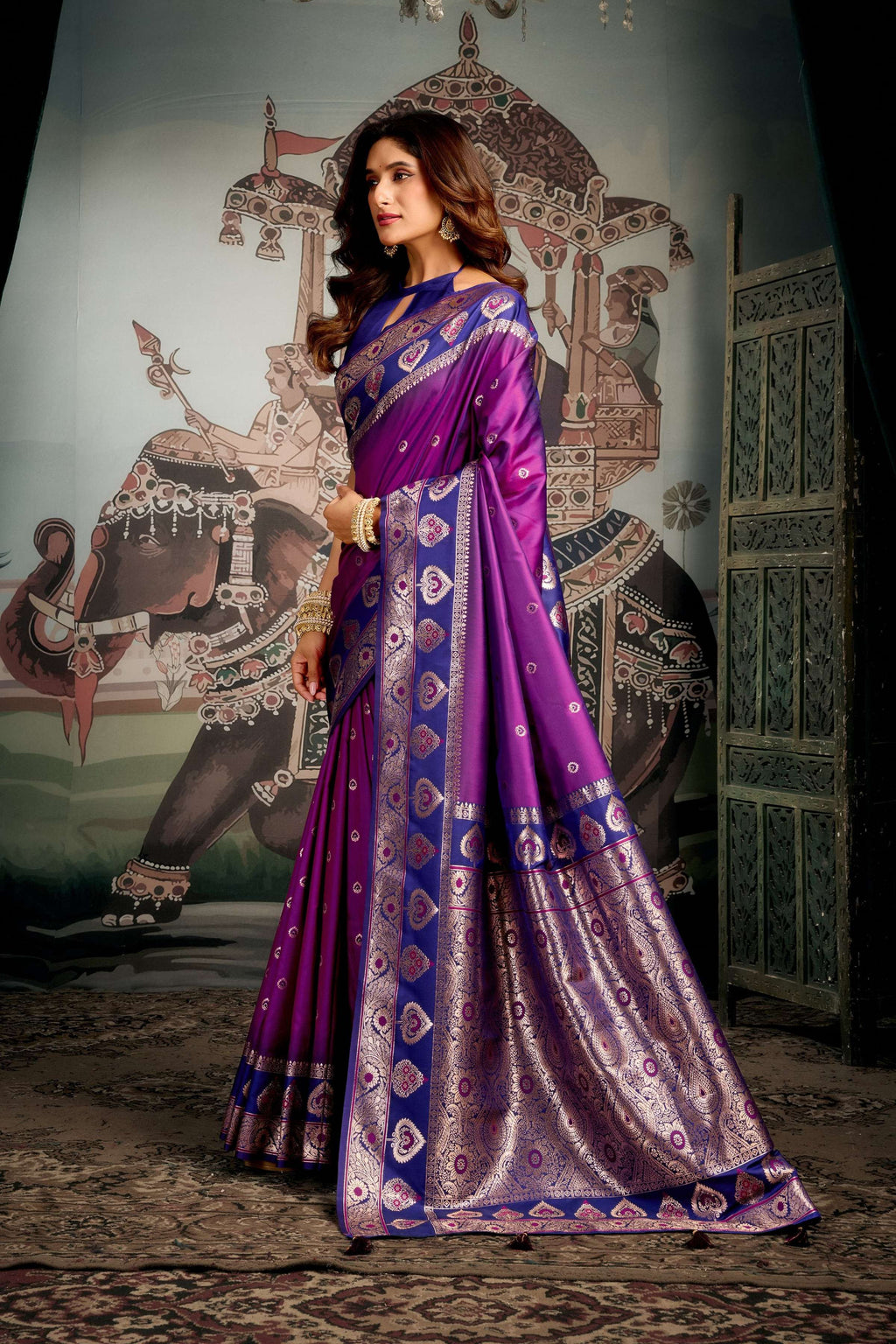 Purple Soft Silk Zari Woven Saree with Matching Blouse