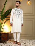 Men's white viscose silk kurta with sequins embroidery and matching pajama set