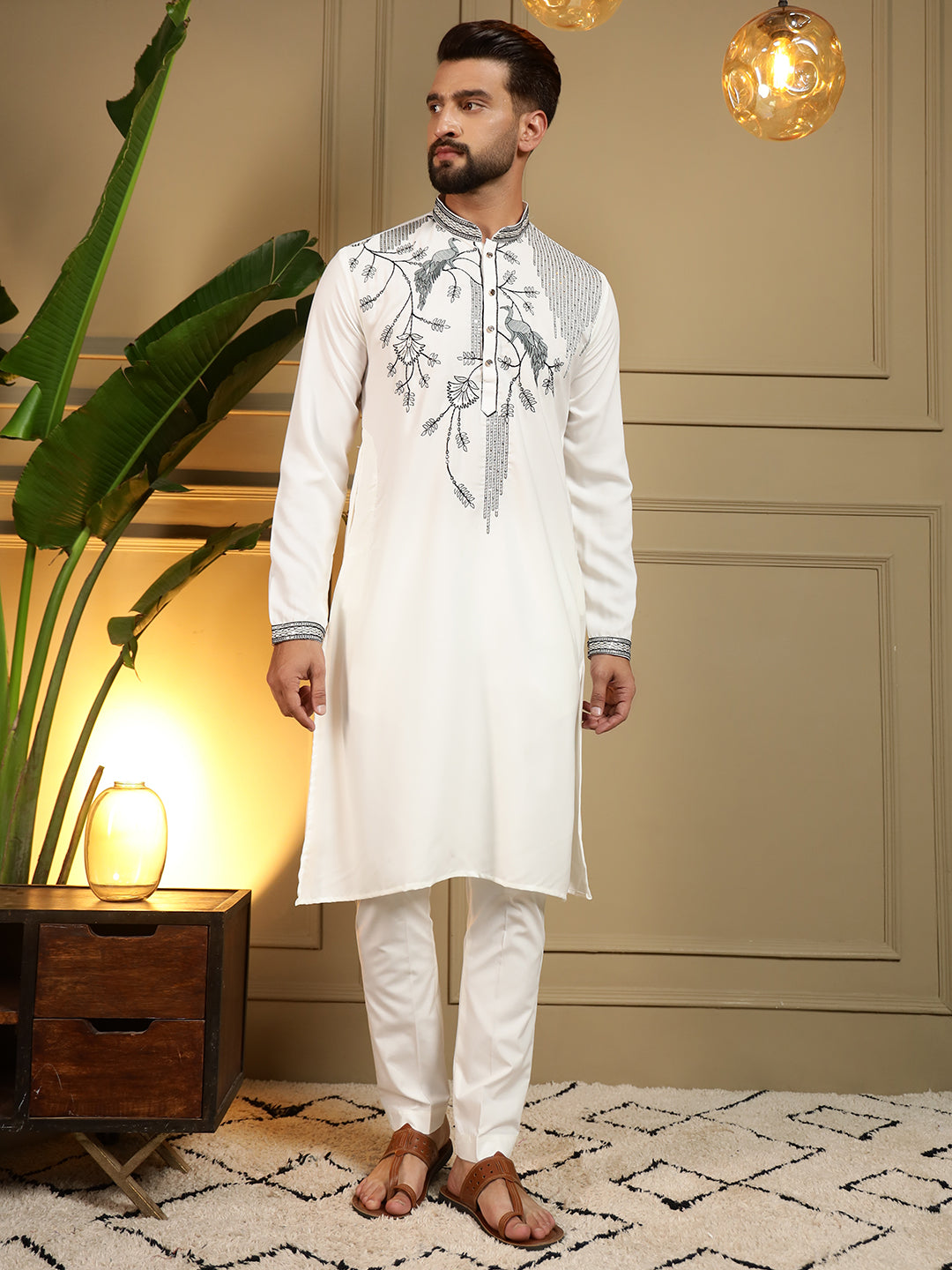 Men's white viscose silk kurta with sequins embroidery and matching pajama set