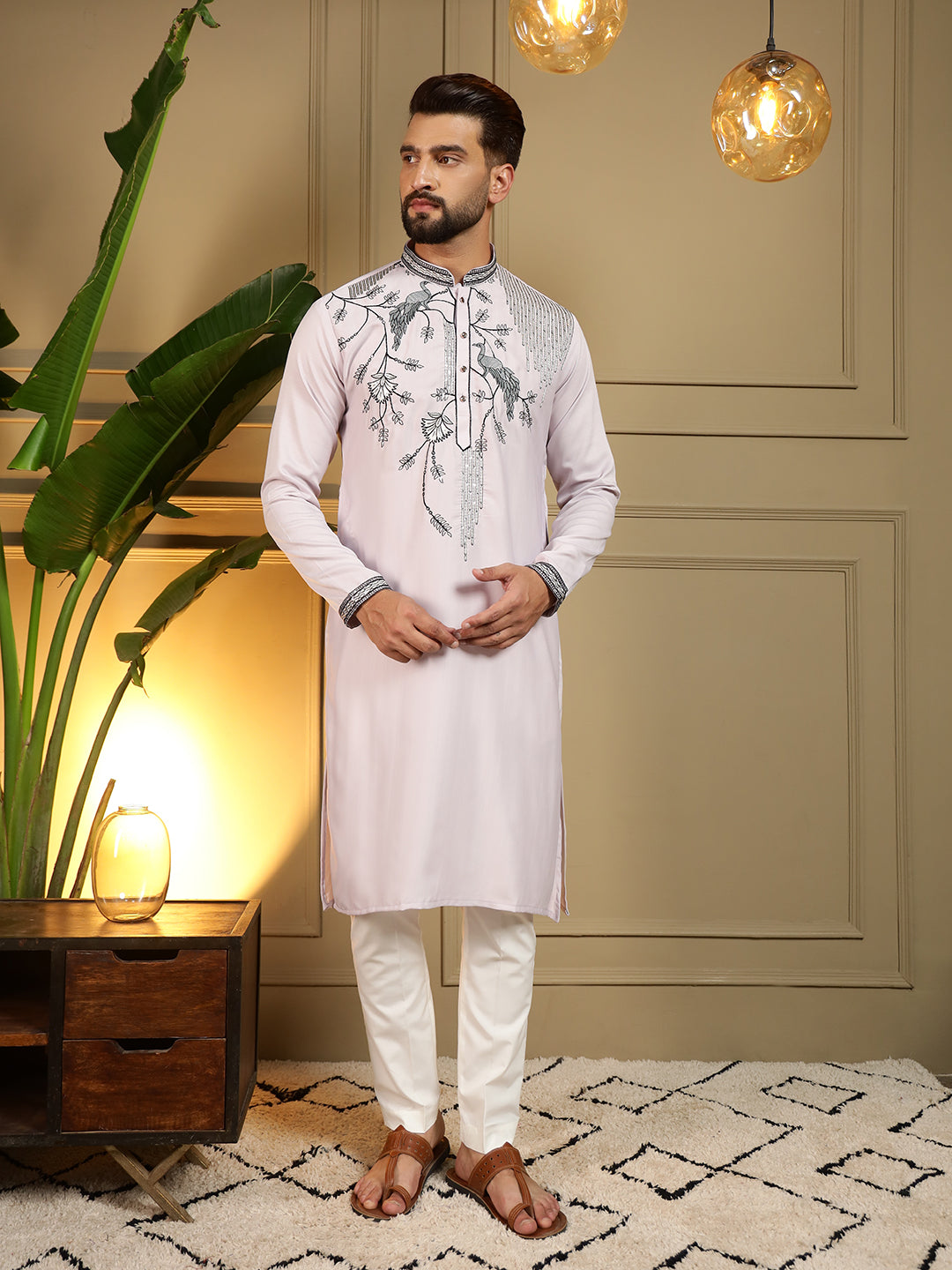Lavender viscose silk kurta with sequin embroidery, styled with a matching pajama