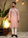 Men's Peach Viscose Silk Kurta with sequins embroidery and matching pajama