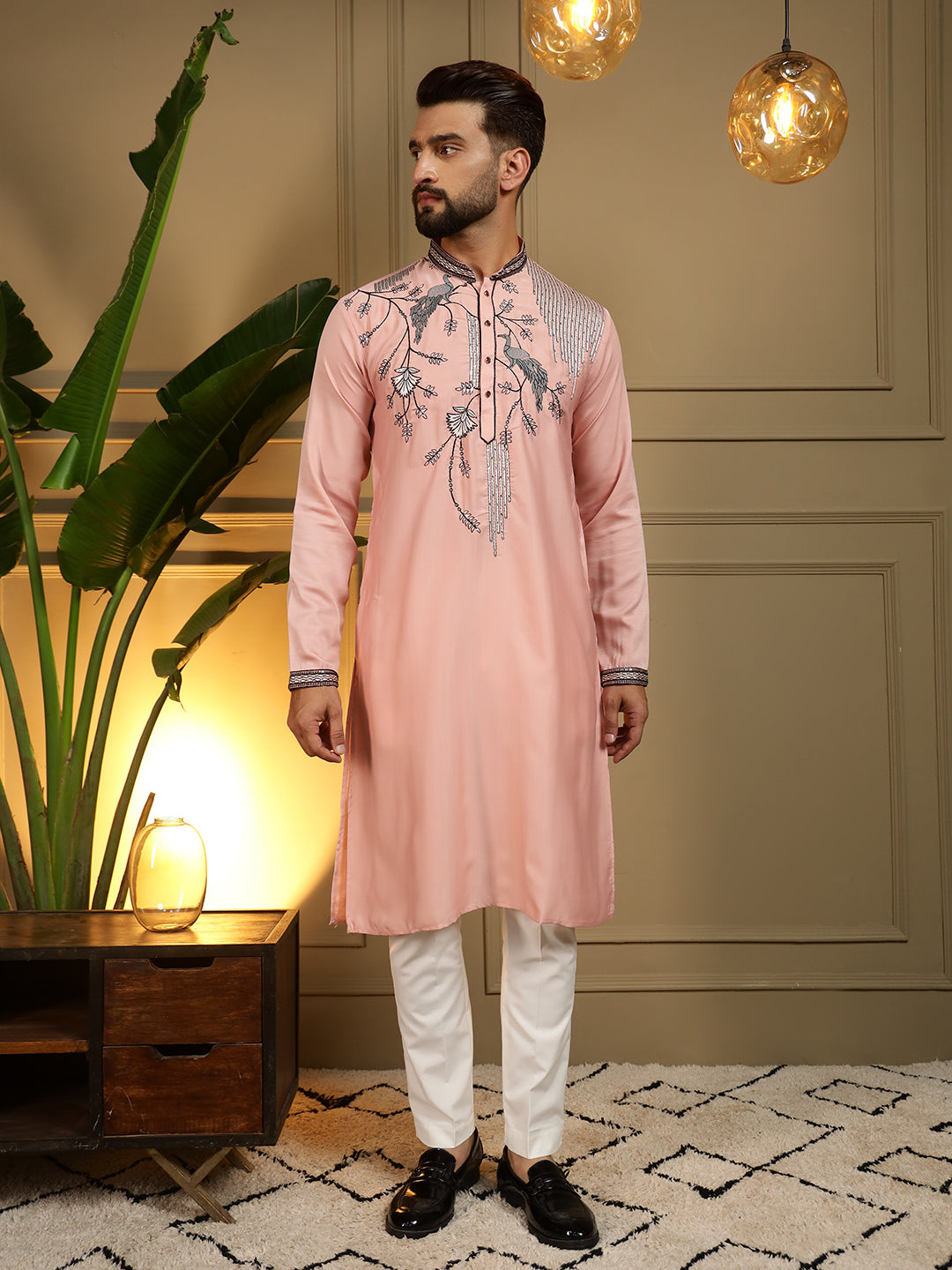 Men's Peach Viscose Silk Kurta with sequins embroidery and matching pajama