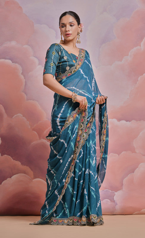 Teal Morpich Coding Sequence Georgette Saree with Blouse