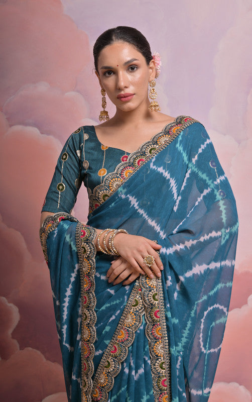 Teal Morpich Coding Sequence Georgette Saree with Blouse