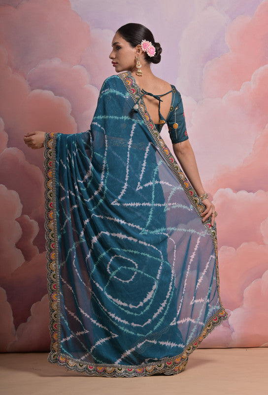 Teal Morpich Coding Sequence Georgette Saree with Blouse