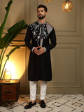 Men's Black Viscose Silk Sequins Embroidered Kurta with Pajama