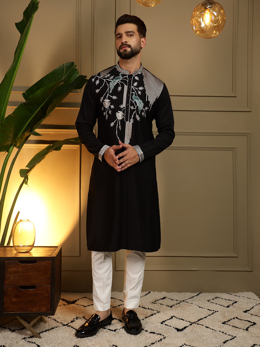 Men's Black Viscose Silk Sequins Embroidered Kurta with Pajama