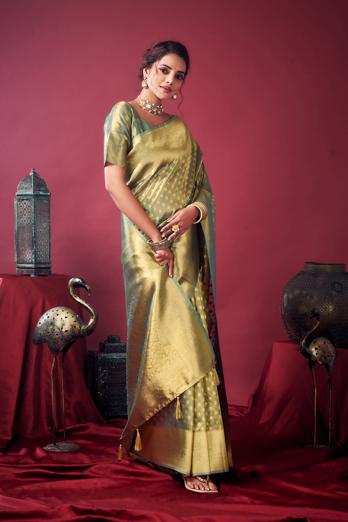 Grey Tissue Silk Zari Woven Saree with Matching Blouse Piece
