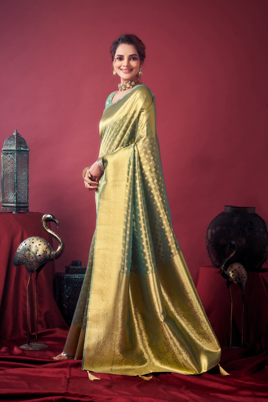 Grey Tissue Silk Zari Woven Saree with Matching Blouse Piece