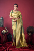 Grey tissue silk saree with intricate Zari woven border and jhalar details, includes matching blouse fabric.