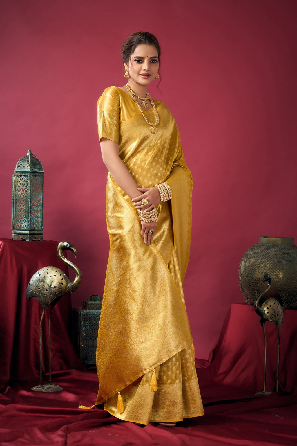 Mustard Tissue Silk Zari Woven Saree with Matching Blouse Piece