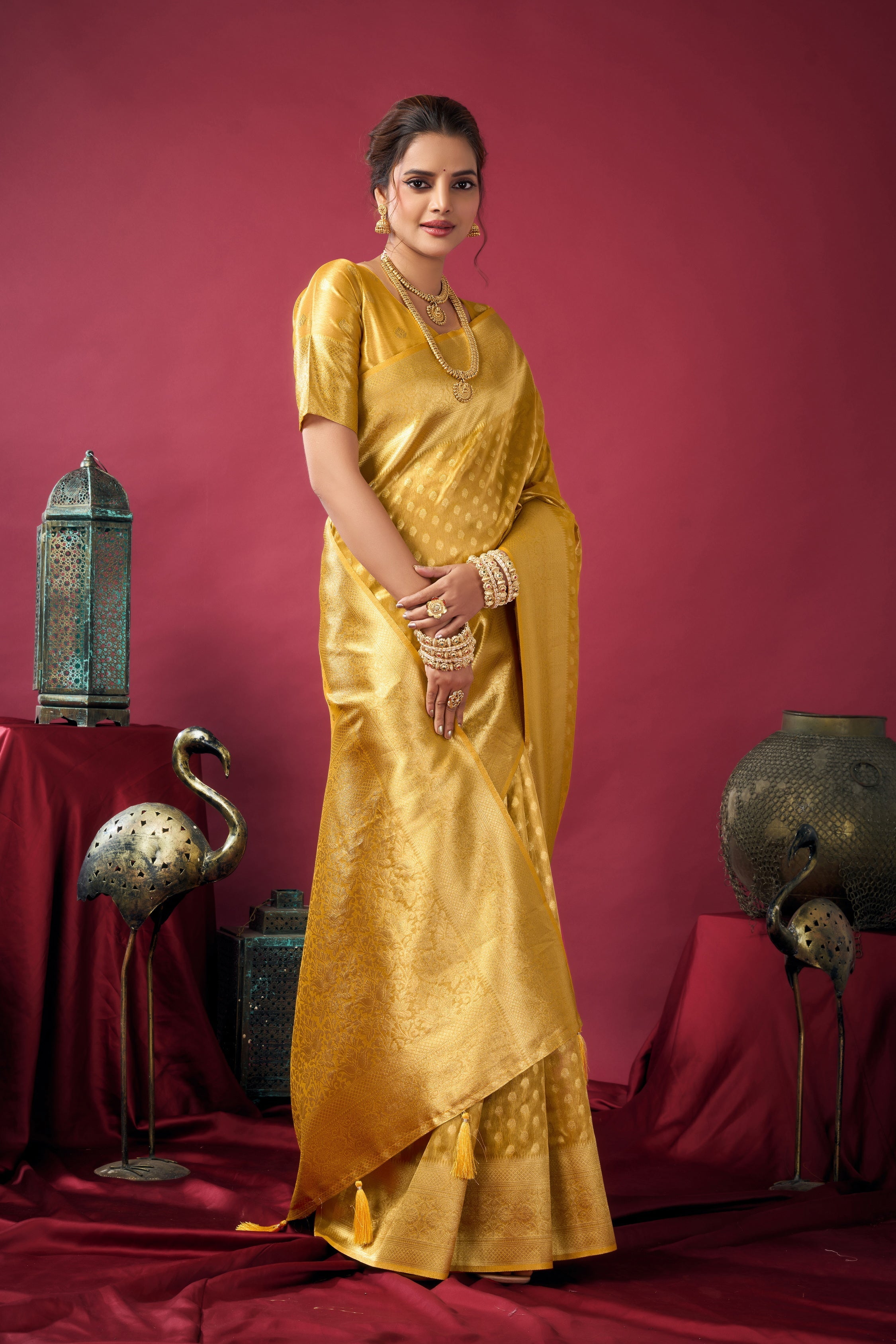 Mustard Tissue Silk Zari Woven Saree with Matching Blouse Piece